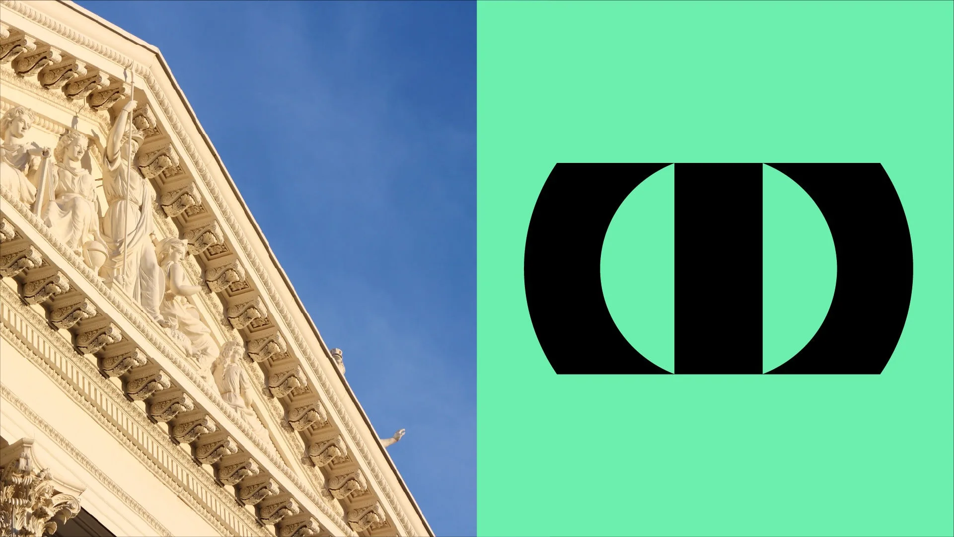 Classical building façade with sculpted figures along a triangular pediment, viewed at an angle against a clear blue sky.